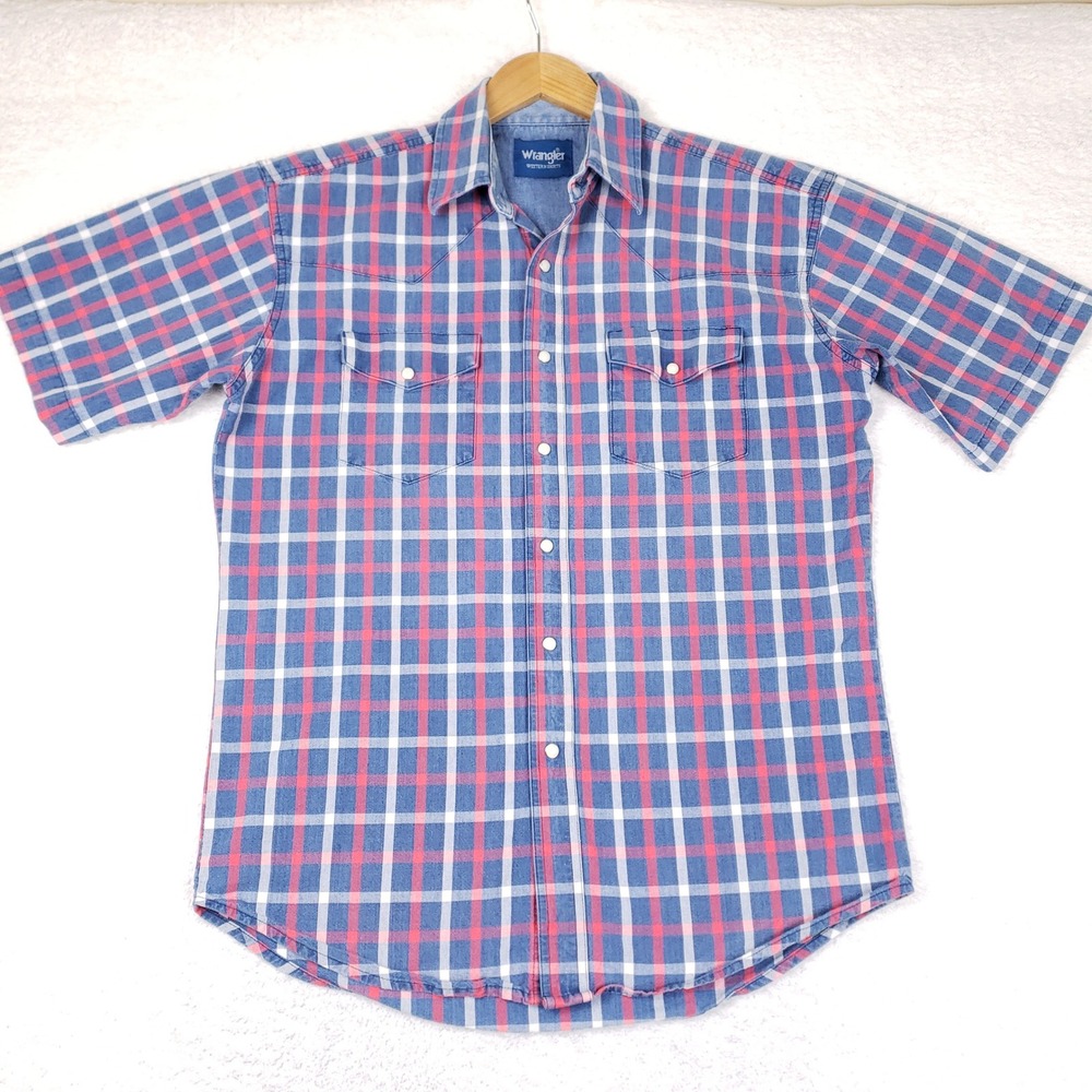 Wrangler Western Shirt Men XL Blue Red Plaid Short Sleeve Pearl Snap Yoke Pocket